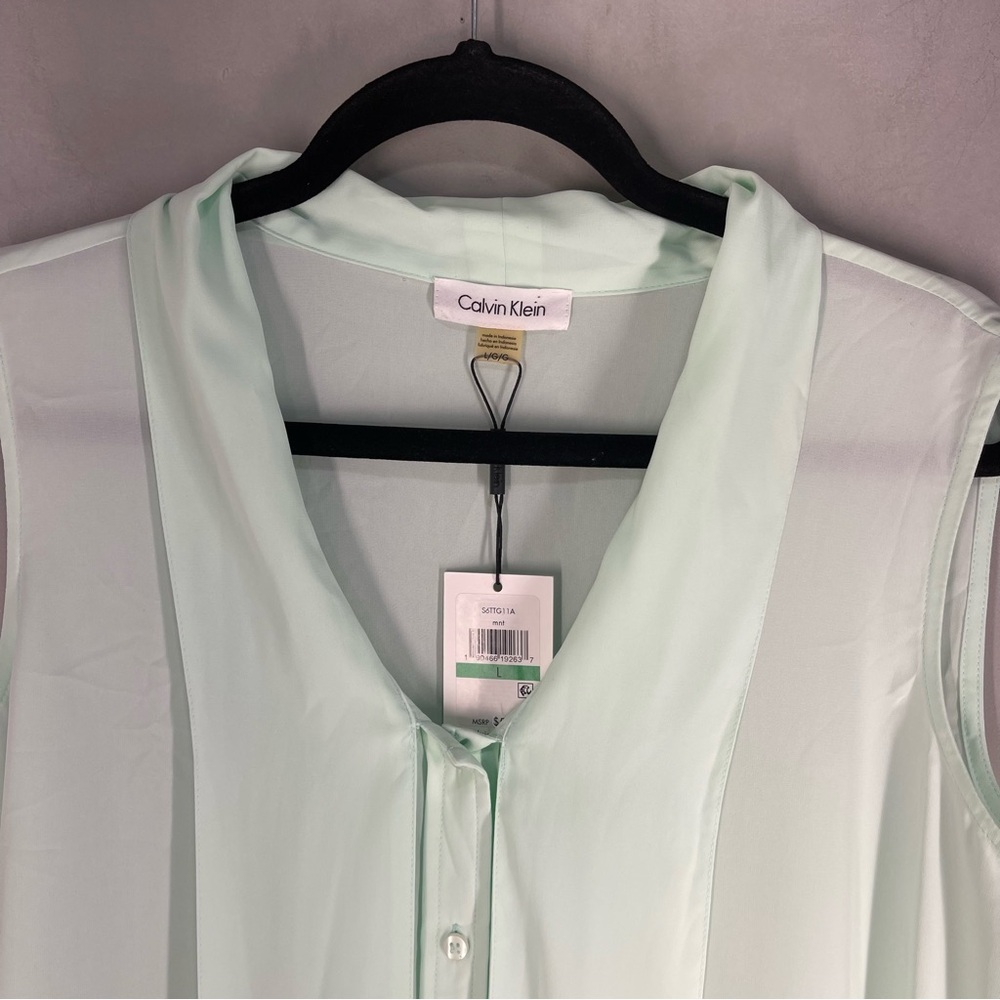 CALVIN KLEIN Mint Green tie neck sleeveless blouse New With tags Size Large - Picture 2 of 9
